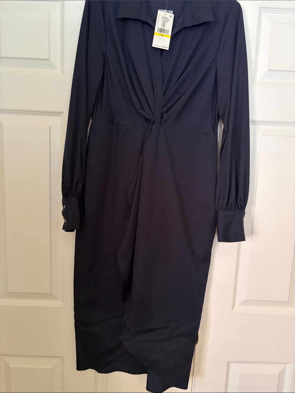 Long Sleeve Karen Kane Twist-Front Midi Dress in Navy
